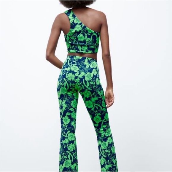 Zara flared navy & green jacquard high-waisted leggings / pants S Worn once. - Picture 2 of 7